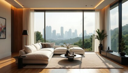 Fototapeta premium Spacious modern living room features large sectional sofa and coffee table facing panoramic city skyline. Natural light fills elegant minimalist decor with wood accents and green plants.