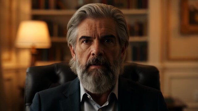 Thoughtful mature man with grey beard in business office setting