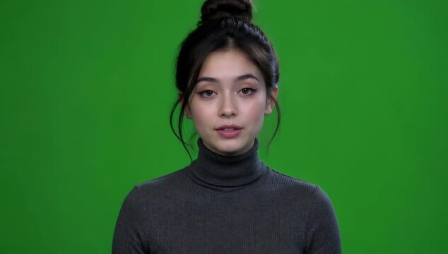 Young woman with dark hair in a bun and a grey turtleneck top speaks gently against a green screen background.