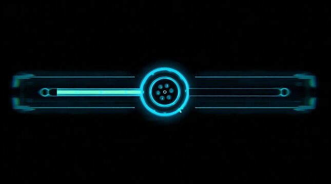 Futuristic blue neon HUD interface element digital technology display screen with glowing circular scanner and data lines on black background for science fiction videos