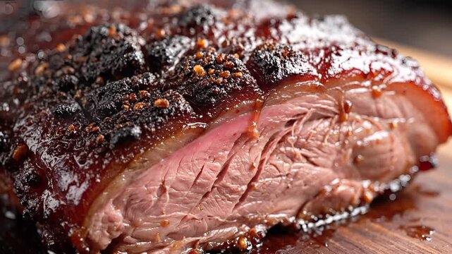 Juicy Smoked Brisket Close Up with Delicious Crust.