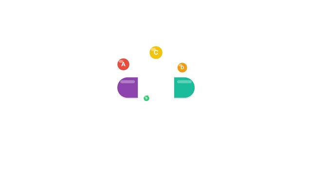 2D animated icon of a multivitamin capsule opening to release essential nutrients A, B, C, D, and K on a white background. Perfect for health supplements and pharmacy presentations