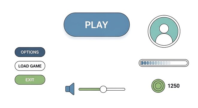 A screenshot of a video game interface with play, options, and load game buttons visible clearly