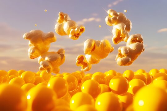 Golden popcorn kernels and balls in a serene sunset sky