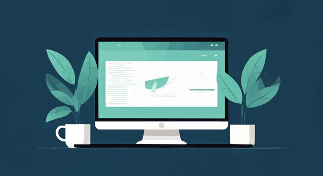 Modern flat design digital workspace illustration desktop monitor, clean UI, refreshing plants, coffee mugs, representing productivity and serene online environment