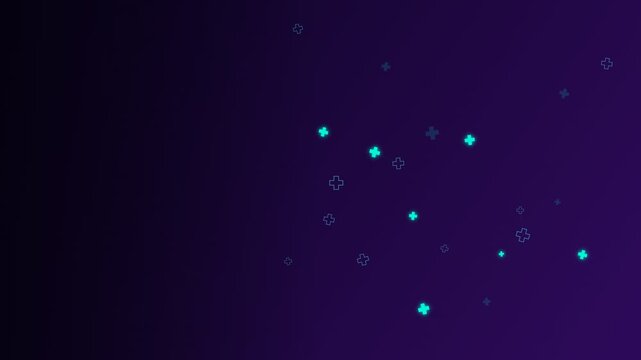 Animated medical background with glowing cyan cross icons floating on a dark purple gradient with subtle light rays. Perfect for healthtech and clinical presentation video loops