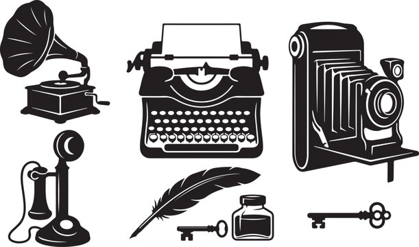 Vintage communication and recording devices with gramophone typewriter telephone historical communication recording photography