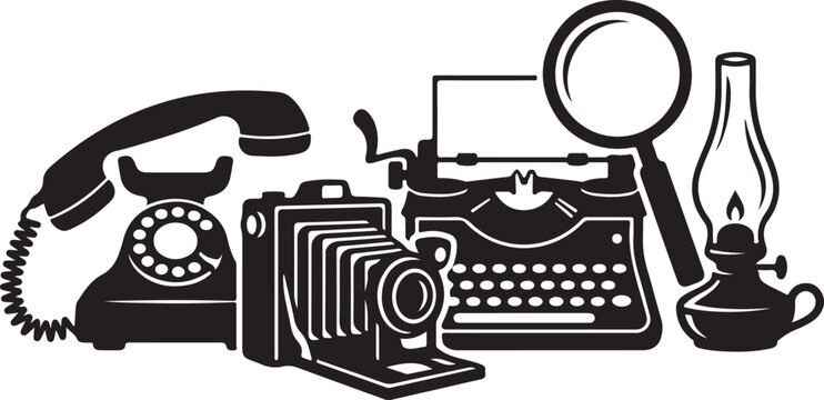 Collection of retro technology and communication objects with magnifying glass oil lamp technology communication telephone typewriter