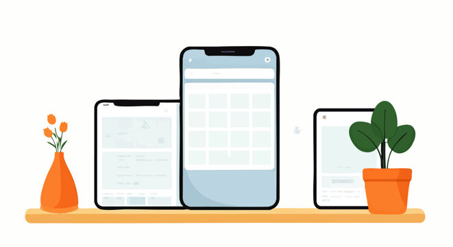 Modern flat illustration depicting various mobile phone interfaces arranged neatly on a wooden shelf, showcasing digital content and app design in a clean, minimalist style