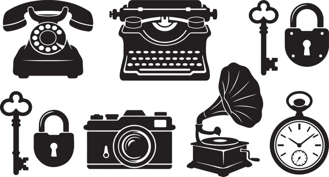 Assortment of vintage objects and security items with pocket watch telephone typewriter gramophone historical communication recording