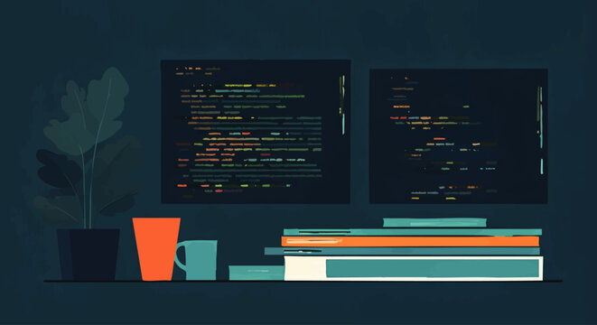 Minimalist home office setup with dual monitors displaying programming code, a stack of books, and a plant, representing a focused digital work and learning environment