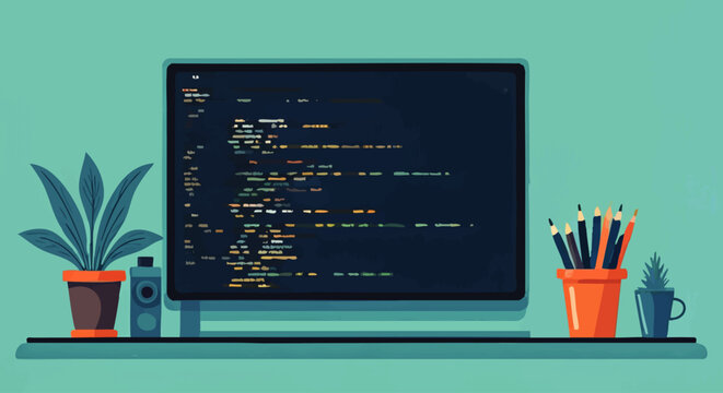 A computer screen displaying lines of code with potted plants and pencils in a holder, representing programming and software development