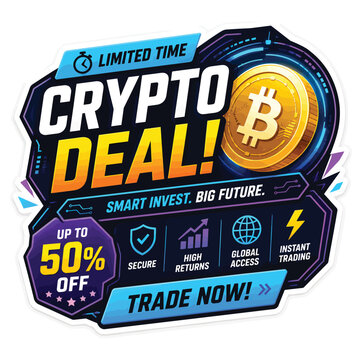 Limited time crypto deal offer with bitcoin icon and discount