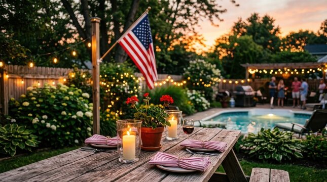 Independence day backyard bbq festive american flag poolside dining and sunset celebration