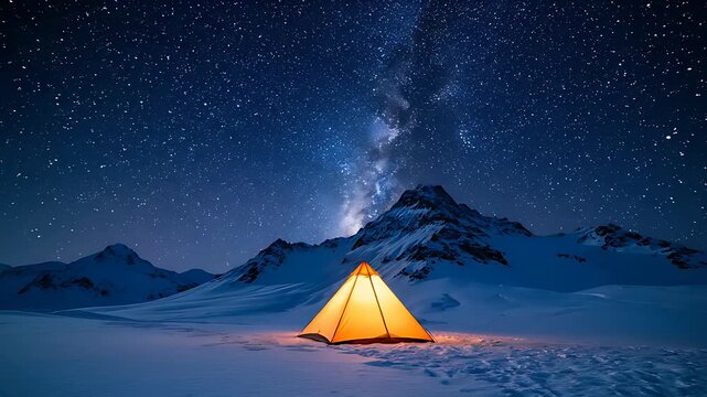 Illuminated yellow tent set against snowy mountains under a starry night sky. The Milky Way galaxy stretches above a high-altitude winter camp. Adventure tourism and wilderness survival concept.