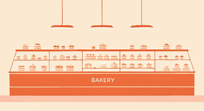 A delightful orange illustration of a bakery display case filled with a variety of tempting cakes and pastries, showcasing sweet treats