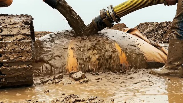 Industrial hoses discharging muddy sludge into a dewatering bag. Dredging operation managing sediment on a construction site. Environmental remediation and waste management concept for industry.