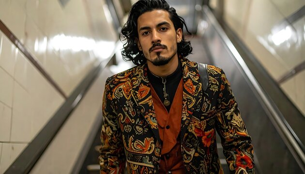 A man in a vibrant jacket on an escalator
