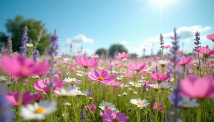 Obraz premium Bright sun shines on pink and white cosmos flowers in green meadow under clear blue sky. Lavender stalks add touches of purple among blooms. Lush trees are seen in distance on summer day.