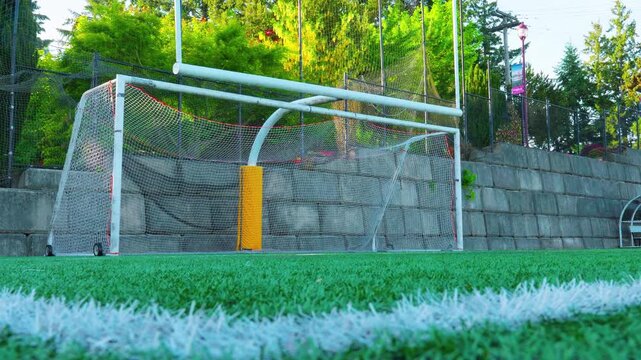Victoria, BC, Canada &ndash; May 24, 2026: Combined soccer goal and football uprights on turf field