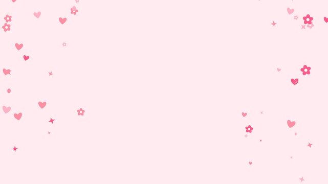 Cute pink background animation with falling pastel flowers, hearts, and stars forming a side frame loop. Perfect for Valentine, Mother's Day, and romantic presentation slides