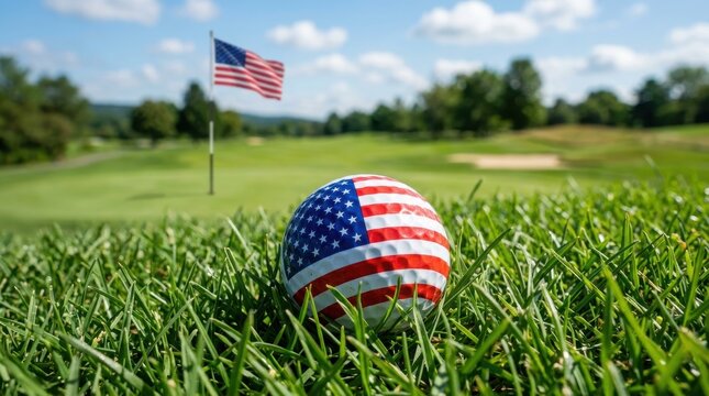 Independence day golf patriotic american flag golf ball on lush green course