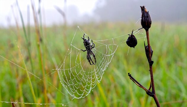 Intricate Spider Web with Active Arachnid Predator in Detailed Macro Photography; Fragile Silk Geometric Net Pattern and Natural Trap Concept in Close Outdoor Garden Wildlife View