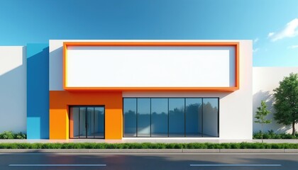 Obraz premium Modern storefront exterior with empty billboard space. Orange and blue facade. Large glass windows and door. Street view with green grass and trees. Clear sky backdrop, ready for branding.