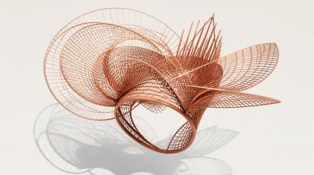 A sophisticated metallic copper structure floating in a weightless zero gravity chamber, showcasing intricate wireframe patterns, elegant curves, and modern geometric avantgarde design aesthetics.