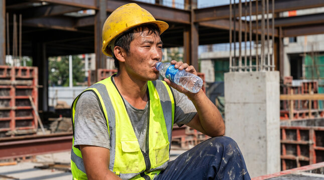 Asian construction worker drinking water during break at site  