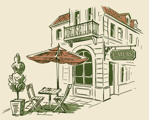 Outdoor cafe sketch, european eatery, vintage architecture, sidewalk restaurant drawing, cafe umbrella, bistro table, city street scene © srina