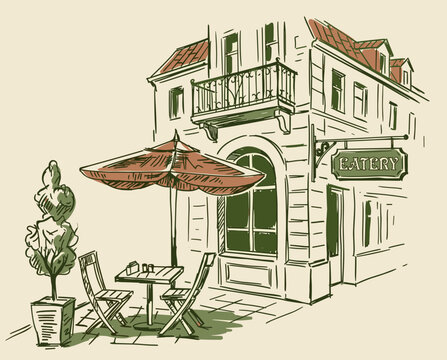 Outdoor cafe sketch, european eatery, vintage architecture, sidewalk restaurant drawing, cafe umbrella, bistro table, city street scene