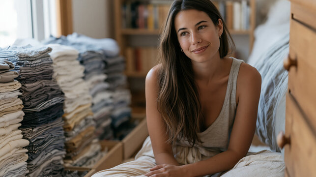 KonMari declutter session candid moment, woman sitting cross-legged on bedroom floor surrounded by neatly folded vertical stacks of shirts inside open drawer pulled from dresser, gratitude pause ges
