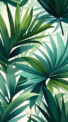 A lush arrangement of tropical green palm leaves on white background