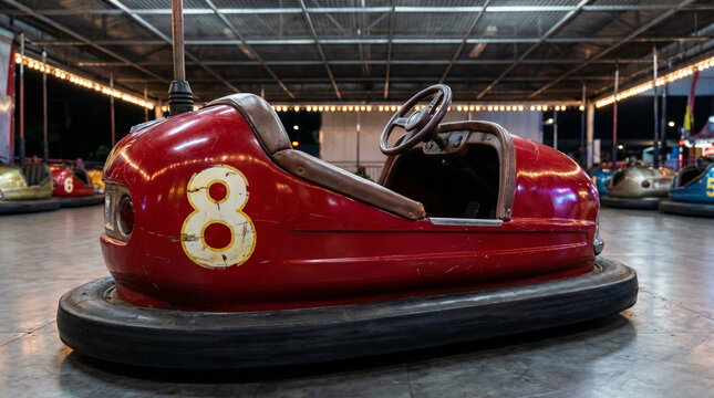 Red bumper car with number 8 on display at amusement park  