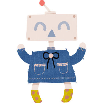 Cute Box Head Robot Character Wearing Blue Jacket with Kawaii Expression, Hand Drawn Cartoon Illustration for Kids, Robot Mascot Clipart with Crayon Texture and Pastel Colors
