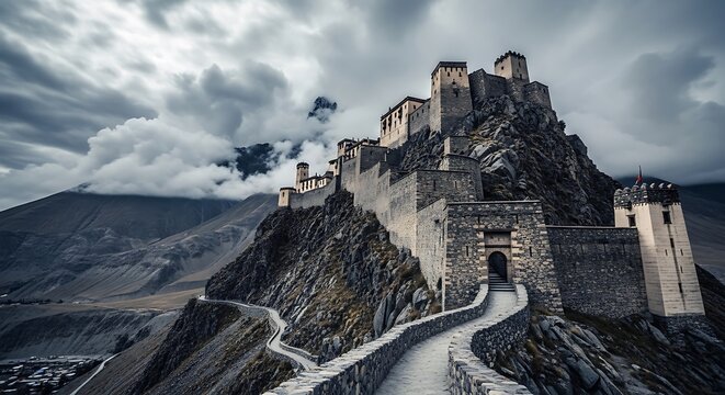 Medieval Castle on Rocky Mountain with Winding Road under Stormy Sky