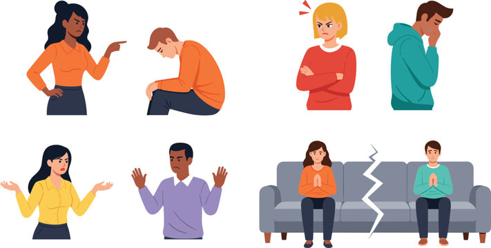 Relationship Conflict Vector Set with Unhappy Couples Family Arguments Divorce Breakup Misunderstanding and Emotional Problems for Psychology and Counseling Concepts