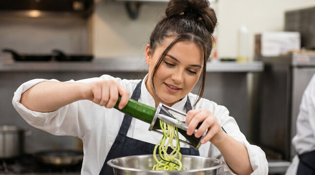 Young woman using spiralizer to create vegetable noodles in kitchen  