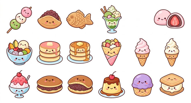 Collection of cute kawaii Japanese desserts and sweets.