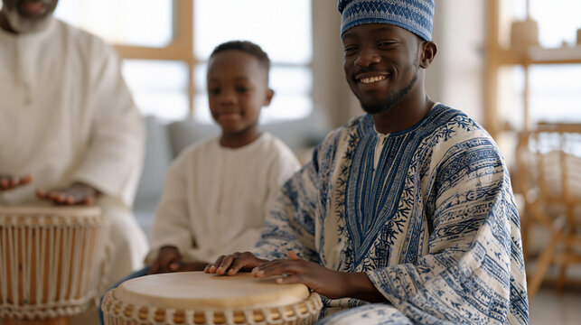 Nigerian father in traditional embroidered kaftan teaching young son drumming patterns on authentic hand drum in apartment living room while elder uncle demonstrates proper technique during weekend 