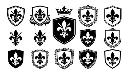 Fleur de Lis Coat of Arms Silhouette Vector Set with Heraldic Lily Symbols © Rakibul