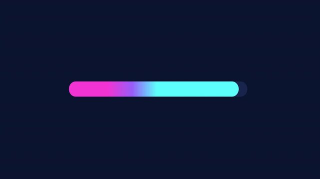 Animated motion graphics showing a loading progress bar with a vibrant pink and blue neon gradient on a dark background. Concept of software installation, buffering, and system boot status