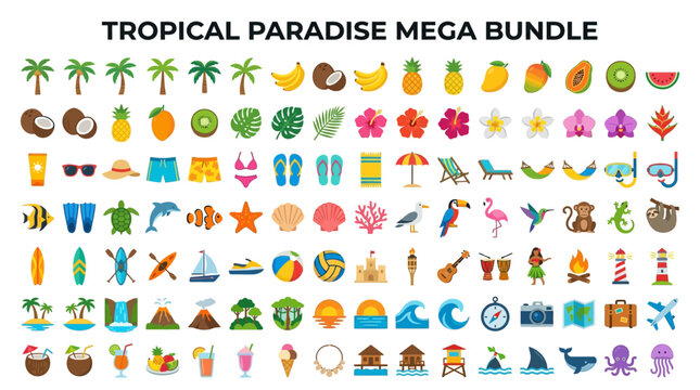 Pixel Art Tropical Vacation and Beach Paradise Icon Bundle