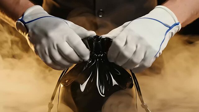 Hands in white gloves holding a black drawstring bag amidst golden smoke. Professional handling high-end packaging in a cinematic foggy environment. Luxury reveal concept for premium retail marketing.
