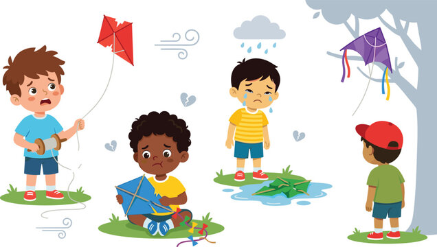Sad Little Boys Crying and Feeling Upset Over Broken and Stuck Kites Vector Icon Set Illustrating Disappointment and Childhood Problems