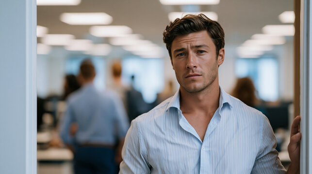 Young man in business casual attire standing frozen near the entrance of a busy open-plan office, hand gripping a doorframe, visible signs of an oncoming panic attack, colleagues walking past unawar