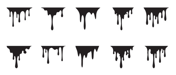 Obraz premium Black ink drip set. Messy paint splashes and flowing liquid stain elements. Professional vector design pack.
