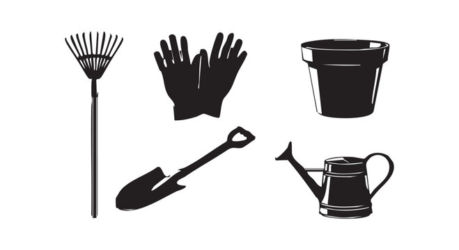 Gardening tool silhouettes including rake and shovel and watering can and flower pot plus gloves for backyard landscaping.