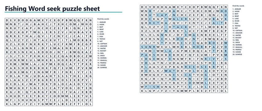 Fishing Word search puzzle sheet with highlighted answers  